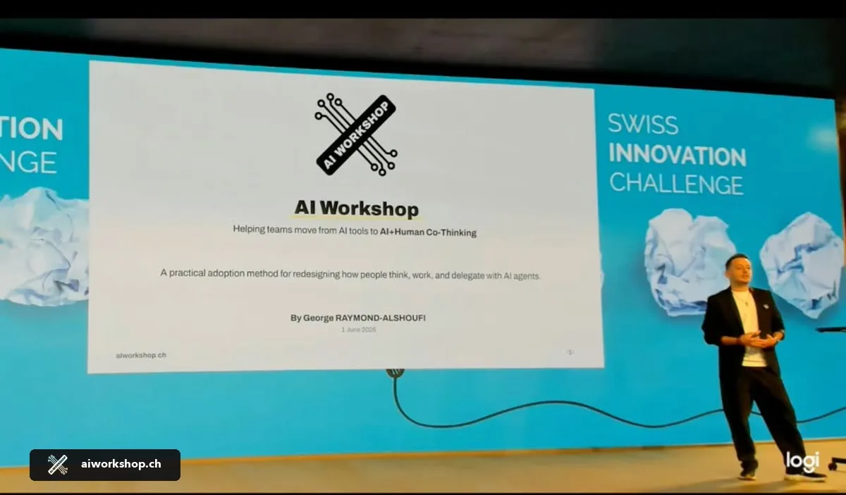 George Raymond-Alshoufi presenta AI Workshop Switzerland sul palco al pitch Swiss Innovation Challenge 2026