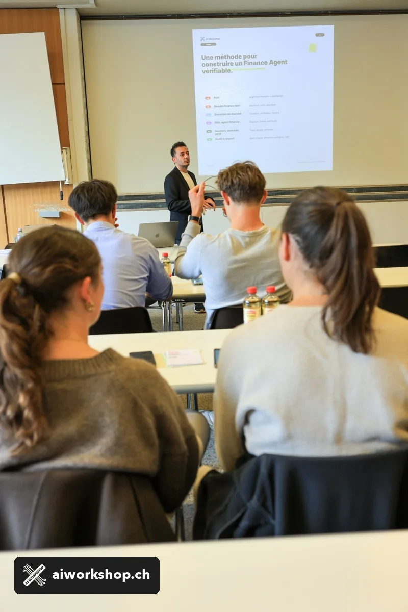 Finance-Agent-Präsentation auf dem Screen während des Agentic-AI-Workshops an der UNIL Lausanne