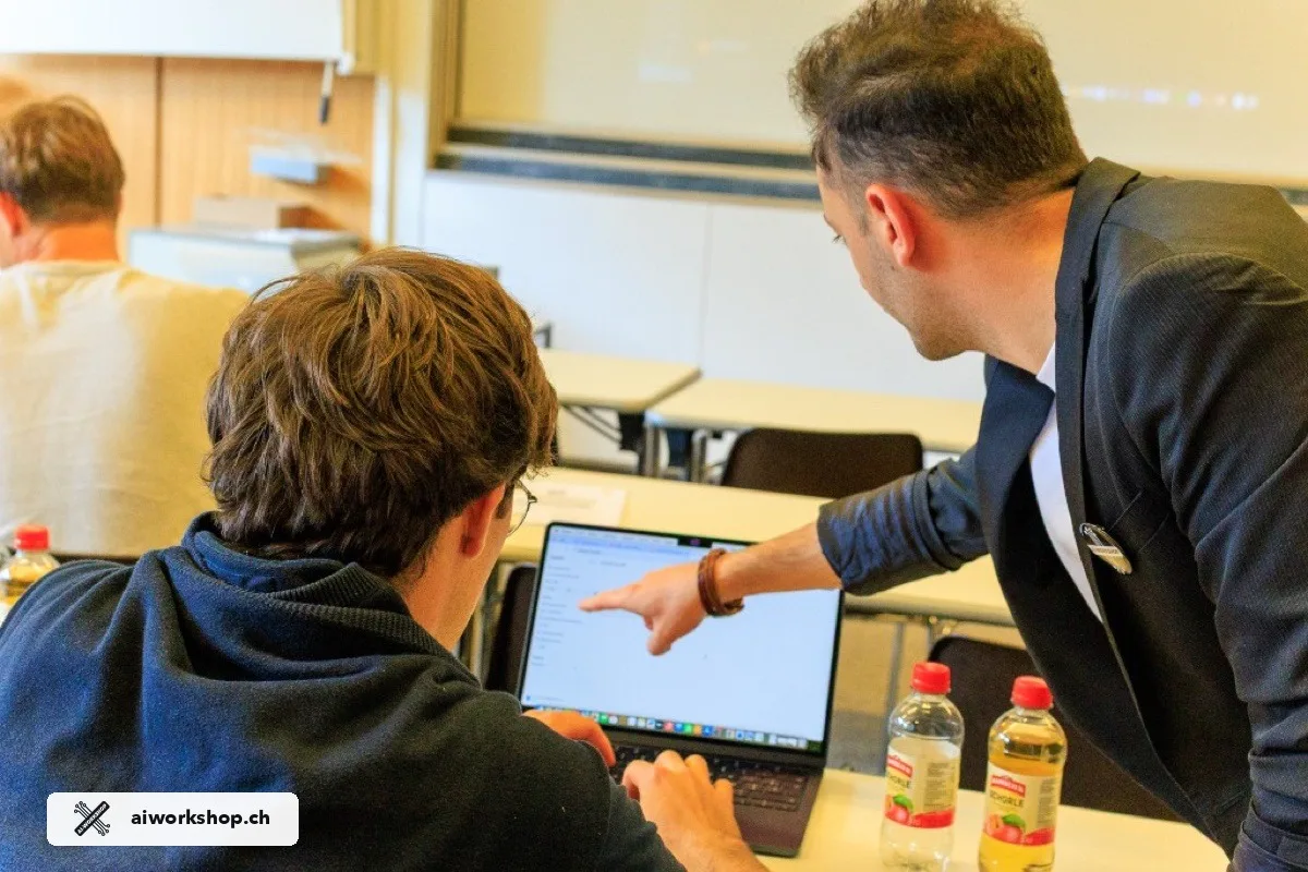 George Raymond-Alshoufi betreut eine Studierende beim Finance-KI-Agenten-Design im Lausanne-Workshop