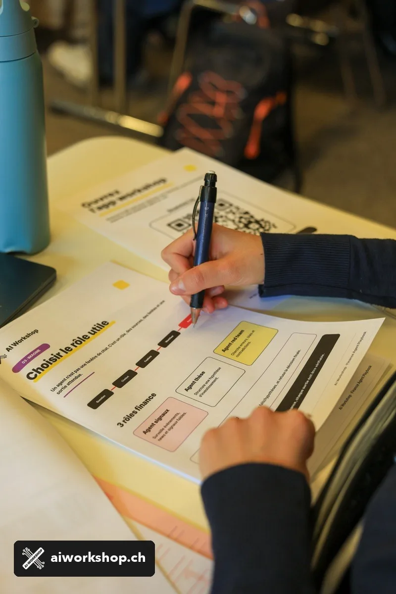 Studierender füllt ein KI-Agenten-Design-Worksheet im Lausanne-Finance-Workshop aus